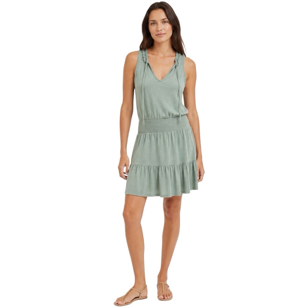 Nation Ltd Sage Green Pima Cotton Sleeveless Tie Neck Smocked Midi Dress M